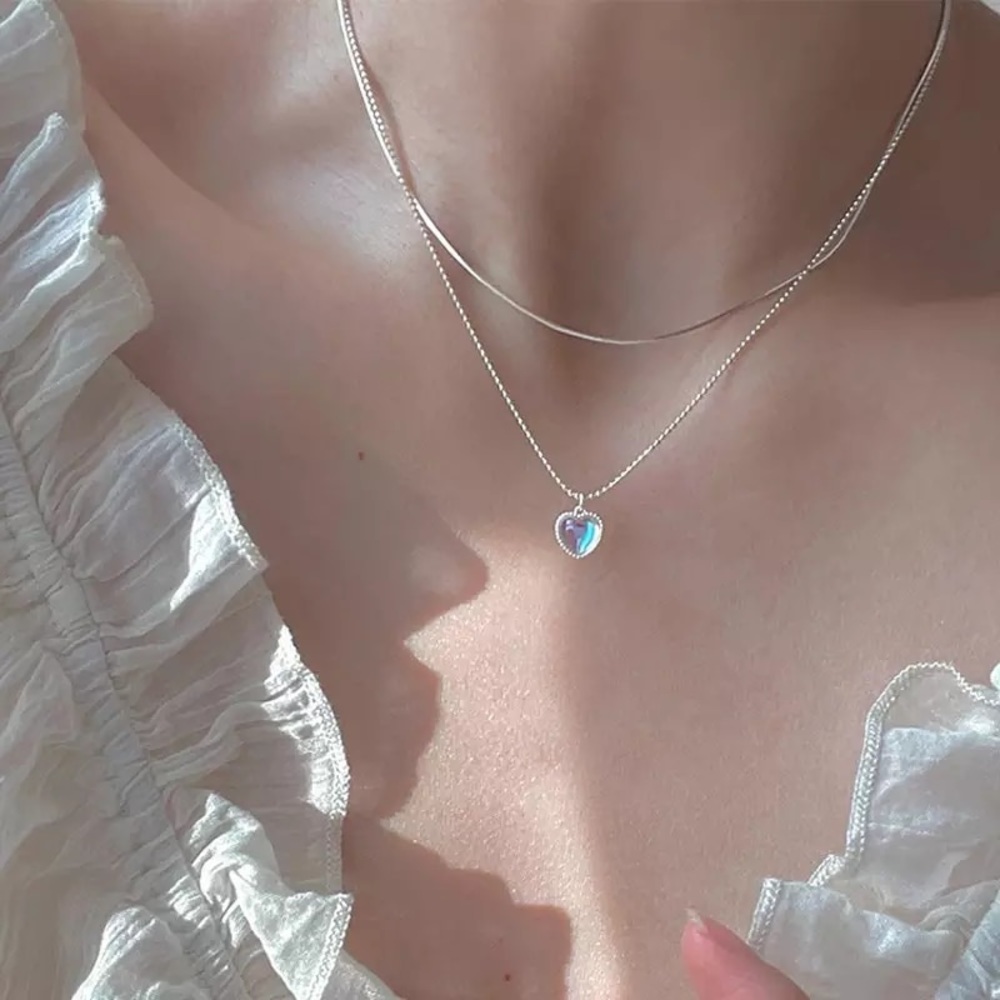 New Sterling Silver 925 Moonstone Heart Layered adjustable Necklace
